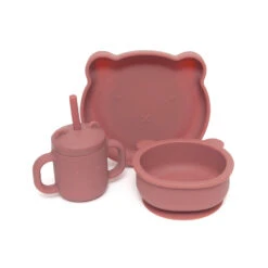 Petit Monkey Silikon Teller Mit Saugknopf Bär, Mahogany Rose -Bambino Store 36342 3